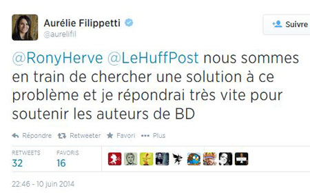 La ministre de la culture Aurélie Filippetti accuse réception de la lettre des 748 auteurs de BD sur Twitter