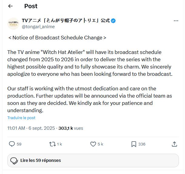 L'anime "L'Atelier des sorciers" repoussé à 2026.