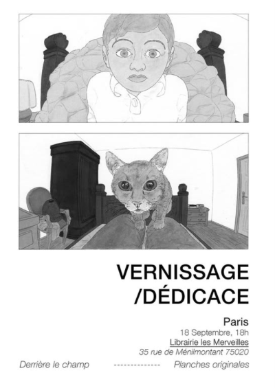 "Derrière le champs" exposition de planches originales de Maxence Kerloch à la Librairie Les Merveilles (Paris)
