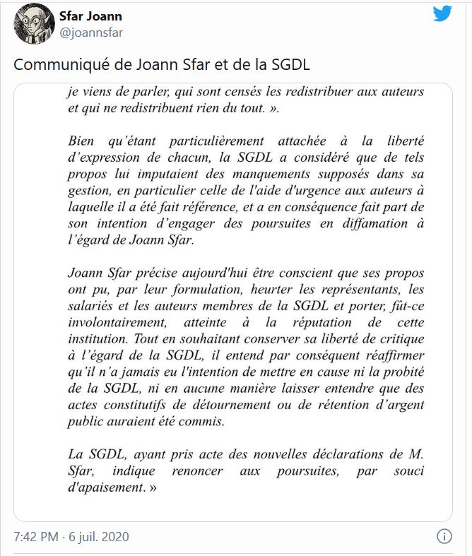 Sfar retire ses propos et la SGDL sa plainte en justice