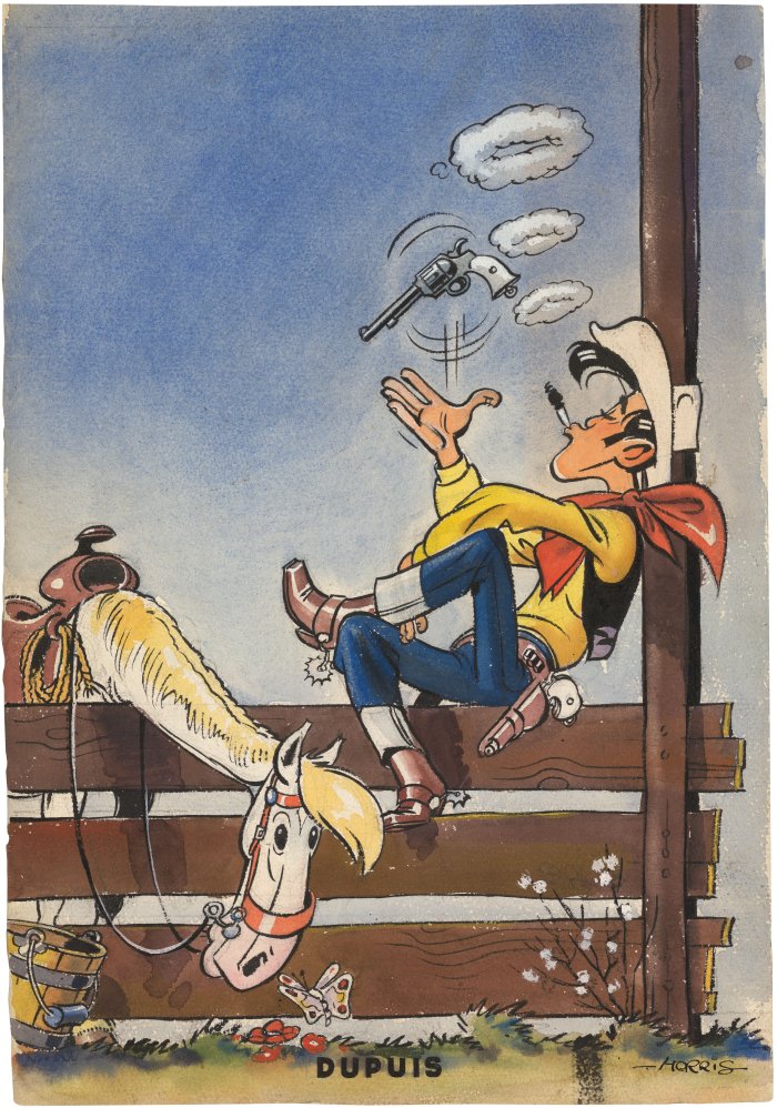 Vente en gants blancs pour Morris et Lucky Luke