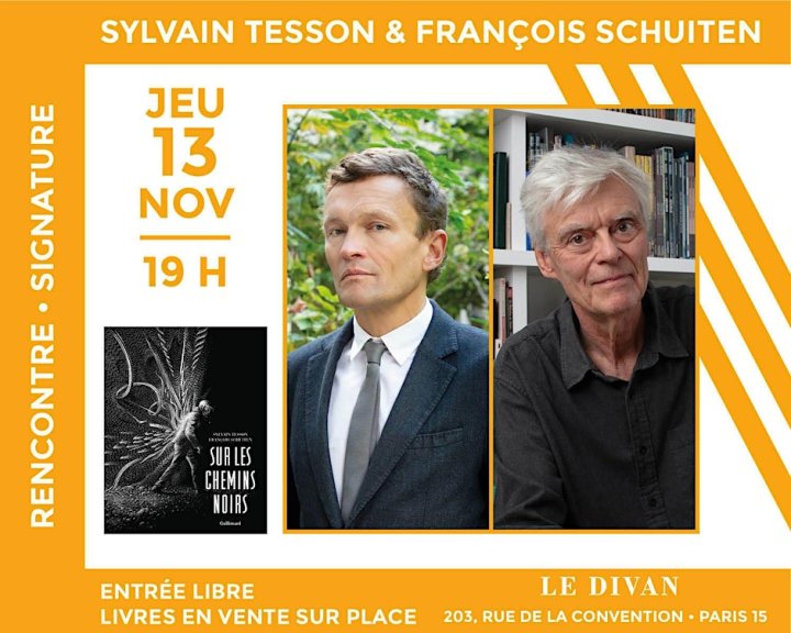  Sylvain Tesson et Francois Schuiten présentent l'édition illustrée de « Sur les chemins noirs » à la librairie Le Divan
