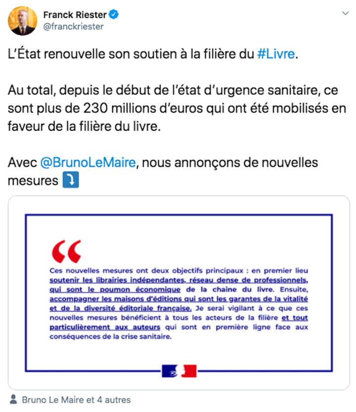 230 millions d'euros "mobilisés" pour la filière du livre en 2020 : les décevantes annonces du Ministre de la Culture.