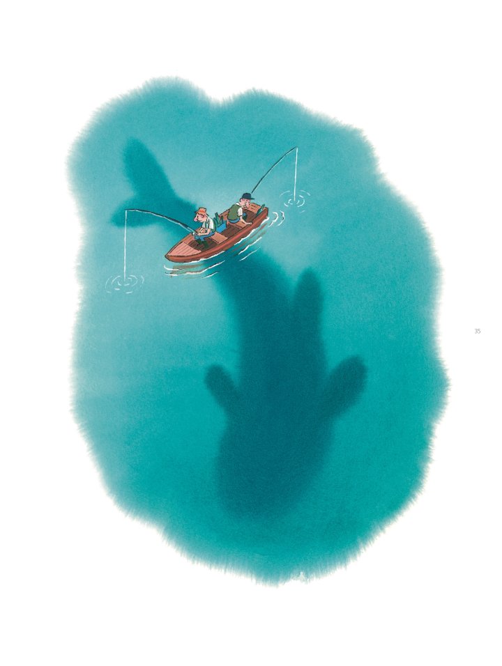 Deux pécheurs dans une barque. Une ombre dans l'eau (on devine qu'il s'agit d'un requin). L'un dit à l'autre : je commence à voir passer des nuages en dessous.
