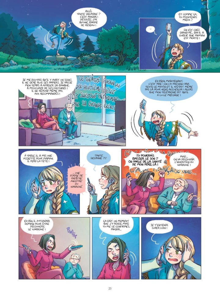 Magda et Tante delphine se téléphonent pendant que l'oncle regarde une émission sur l'origine du karaoké. 
